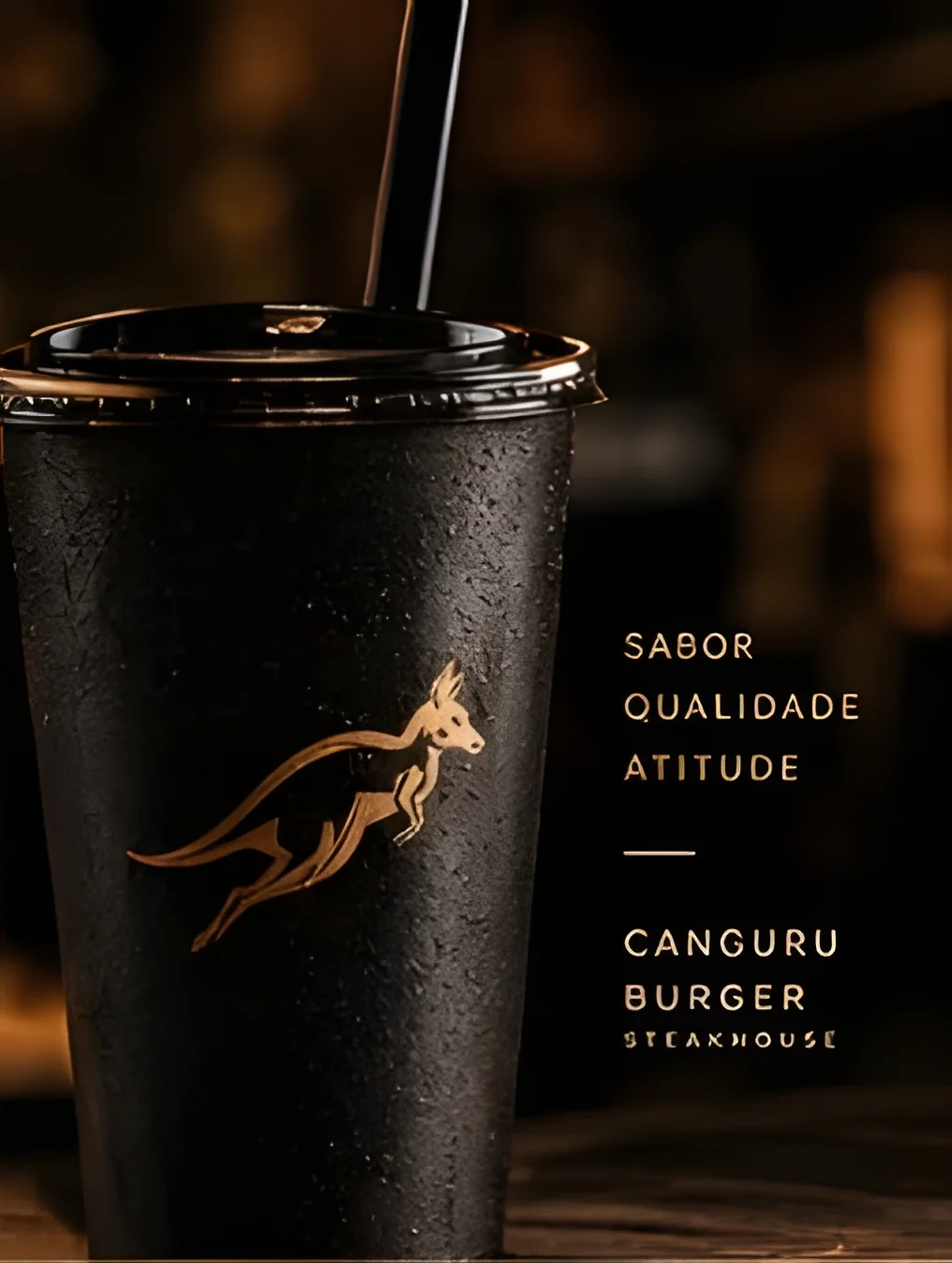 Copo preto premium Canguru Burger com canudo e marca dourada do canguru