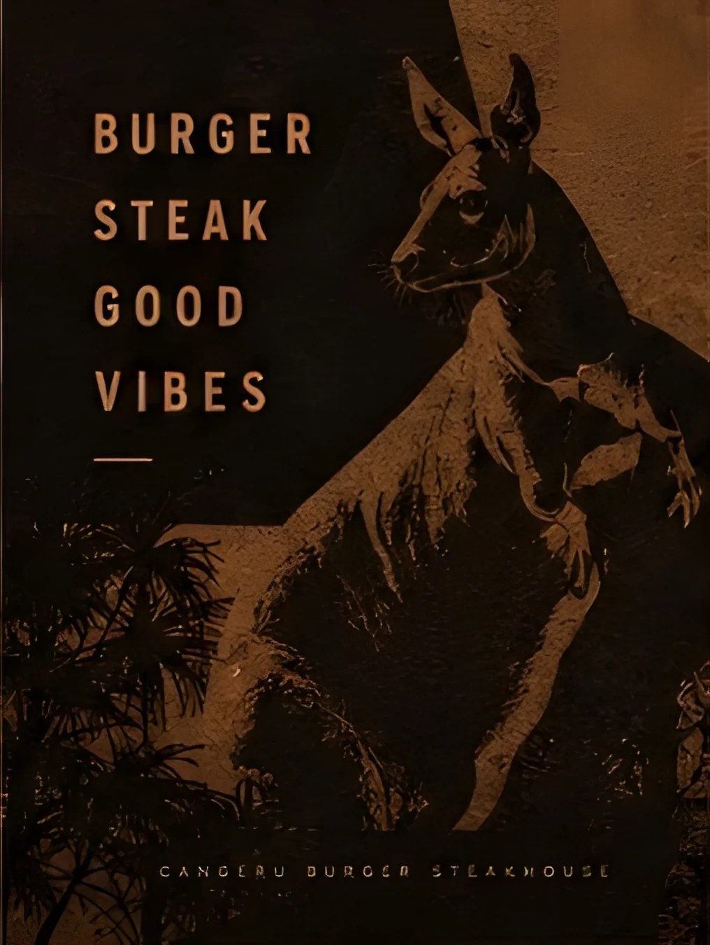 Poster artístico Canguru Burger — Burger Steak Good Vibes com imagem de canguru em dourado e marrom