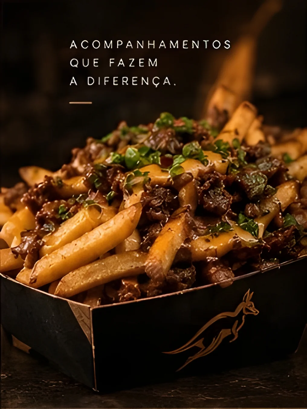 Batata frita crocante com carne desfiada, queijo cheddar derretido e temperos frescos em caixinha preta Canguru